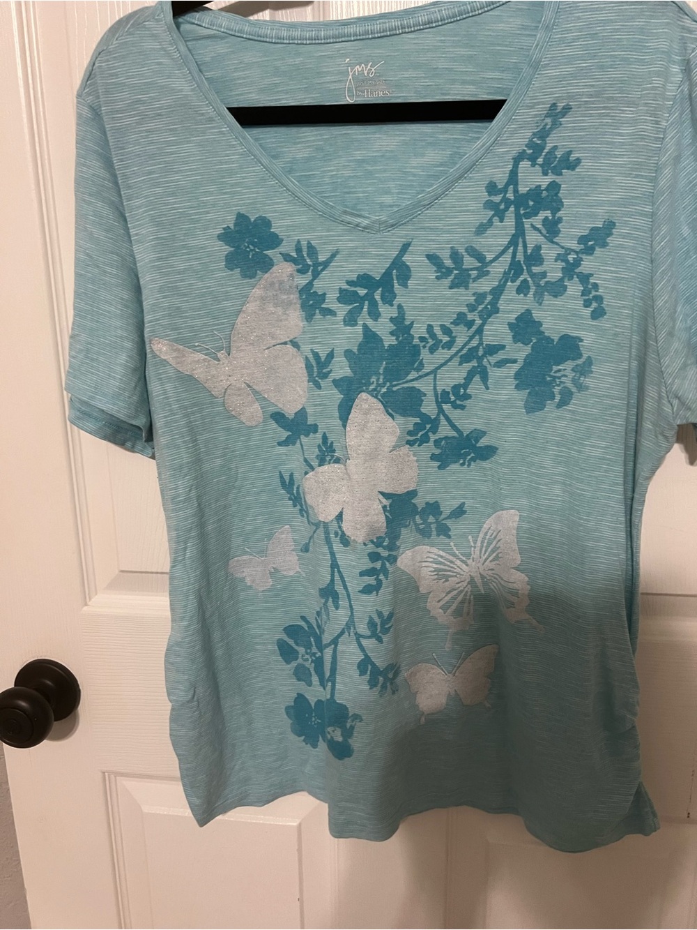 Just My Size Light Blue V-Neck Butterfly & Floral Short Sleeve Tee